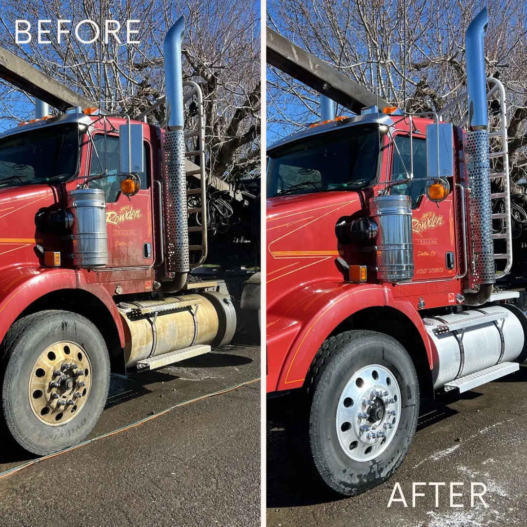 Semi truck before and after a fleet wash