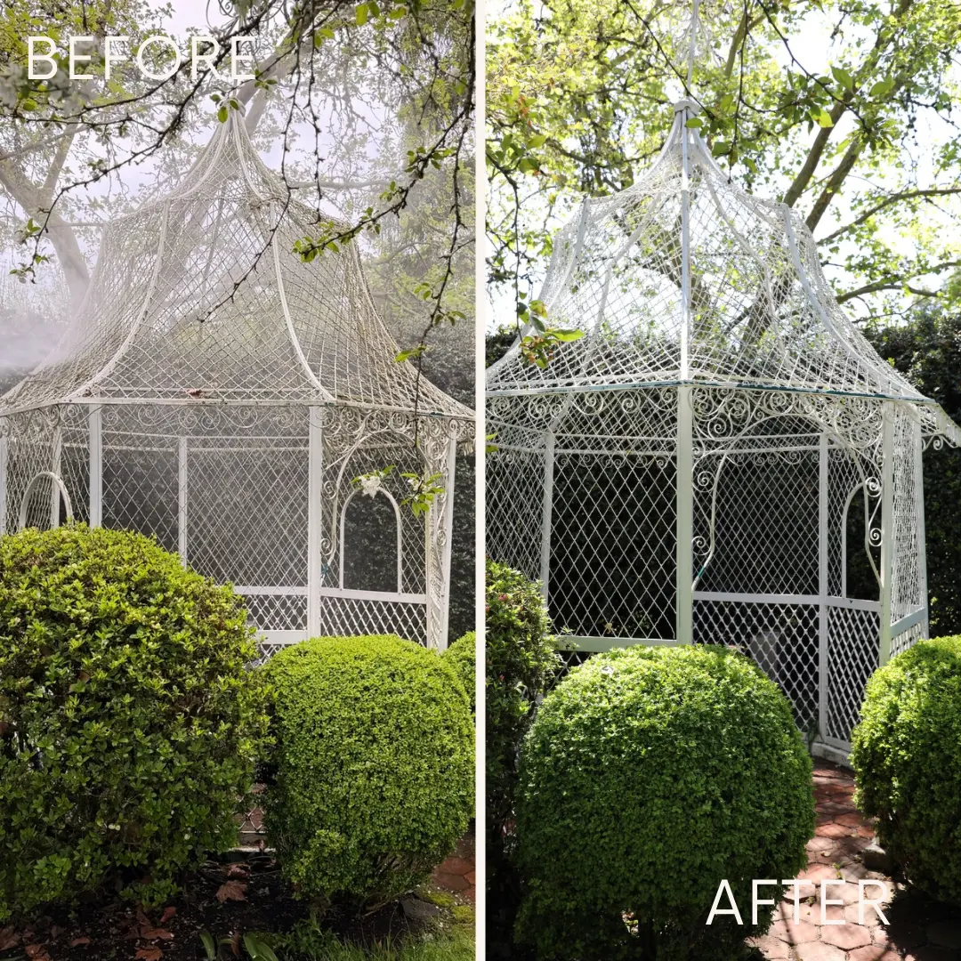 White metal gazebo before and after restoration washing