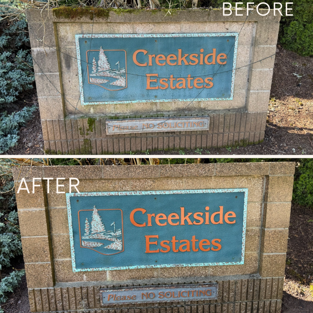 Creekside Estates sign before and after pressure washing