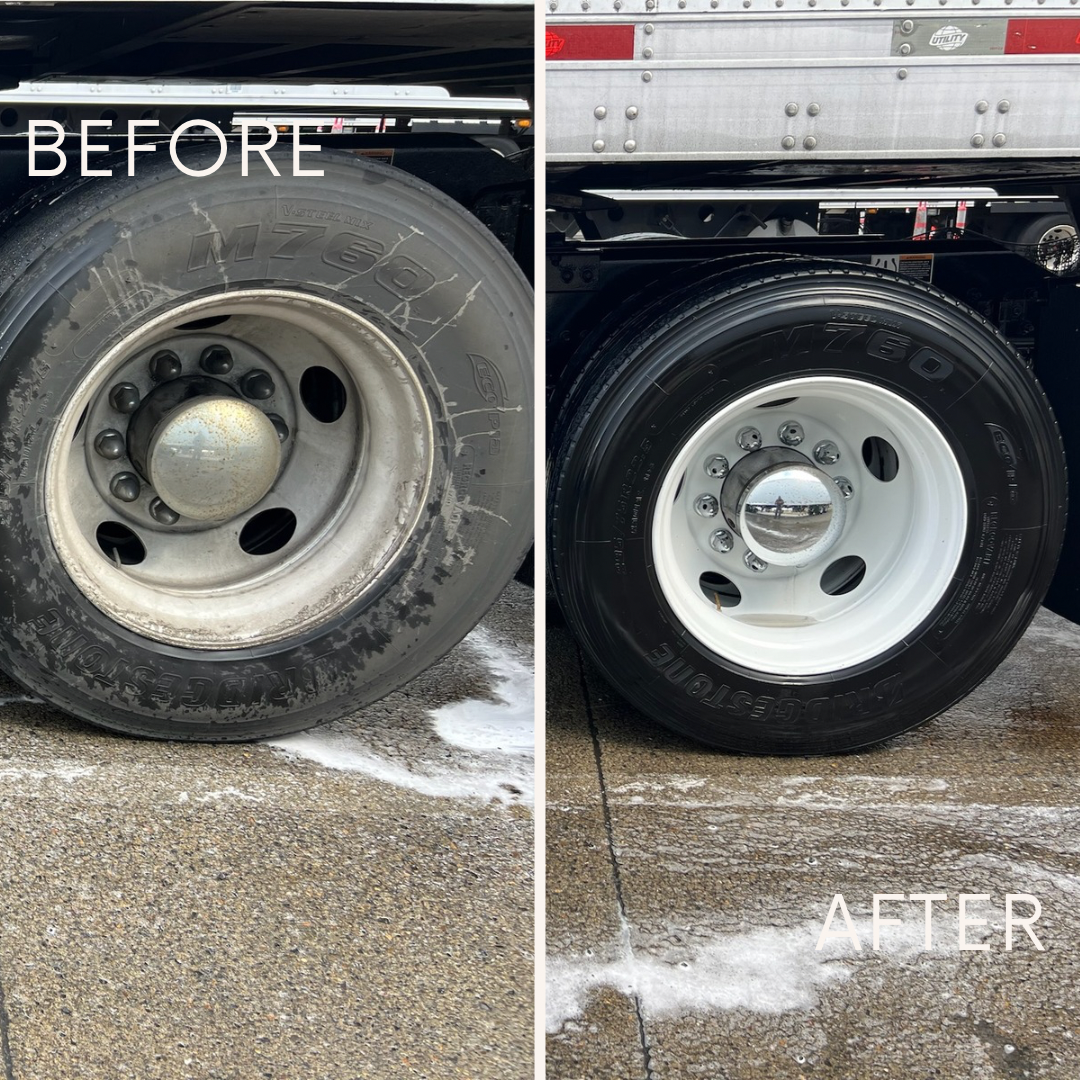 Fleet truck wheel before and after washing