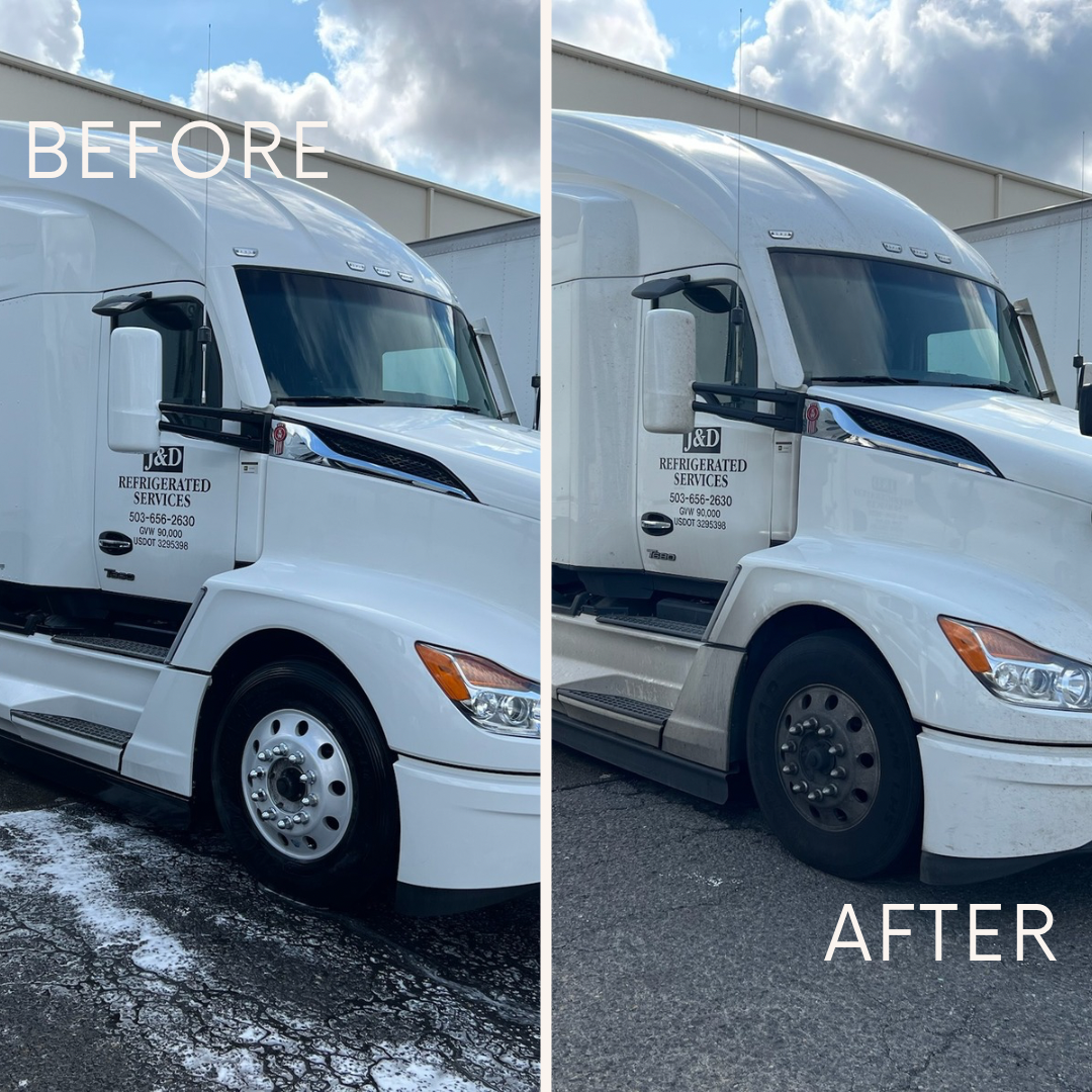 White semi truck before and after a full wash