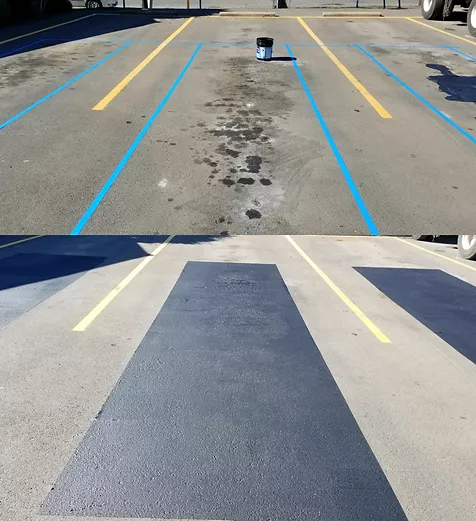 Parking lot stalls before and after oil stain removal