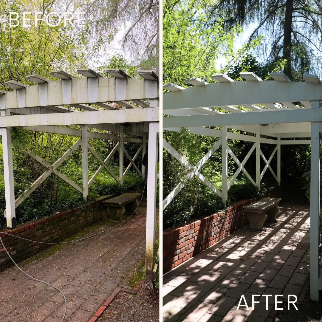 Wooden pergola before and after restoration washing