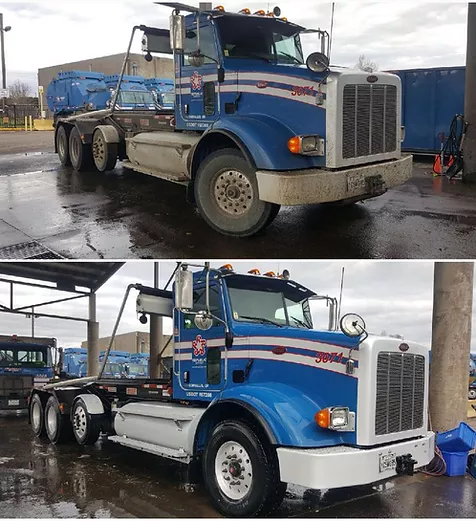 Peterbilt semi truck before and after a full wash