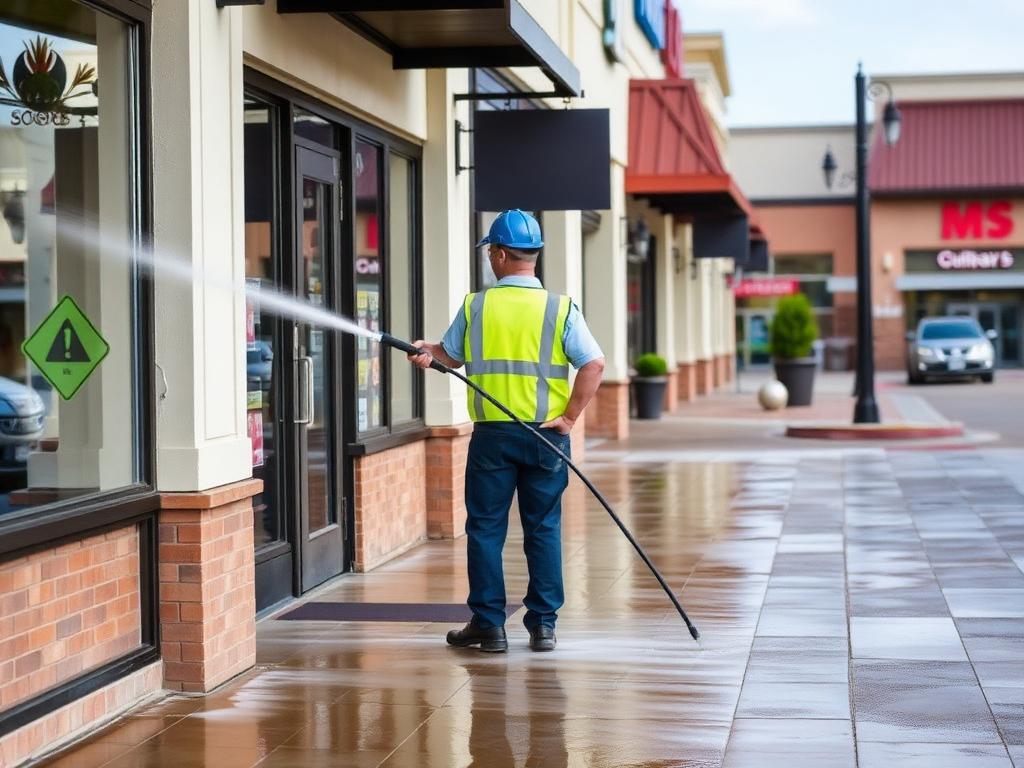 Worker washing a storefront sidewalk