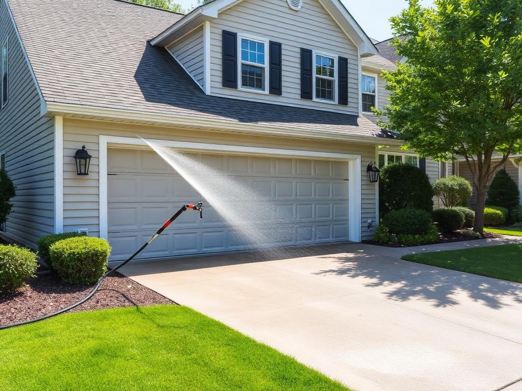 Pressure washing a home's siding and driveway